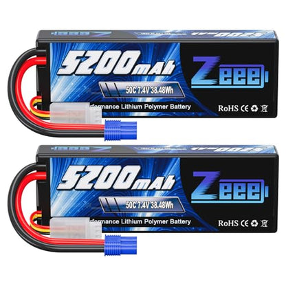 Zeee 2S 5200mAh Lipo Battery 7.4V 50C with EC3 Plug (2 Pack) | Hard Case Battery compatible with 1/8 1/10 RC Vehicles Car Slash RC Buggy Truggy Airplane UAV Drone