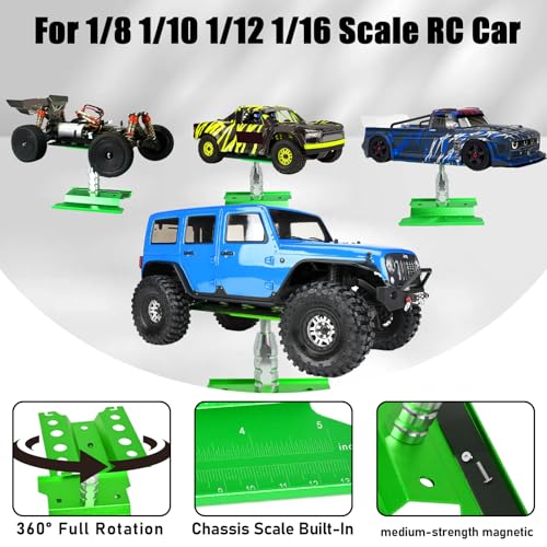 RC Car Work Stand Adjustable Height Lift Lower 360° Rotation Aluminum RC Repair Stand & Small Screw Tray Fit for 1/8 1/10 1/12 1/14 for Traxxa Axial Arrma RC Crawler Monster Truck Buggy (Green,Red) - color: Green-red