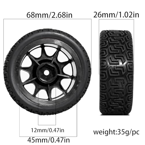 REDSPIDER 12mm Hex RC Wheels and Tires Nylon Wheel Rims OD68mm Rubber Tires Compatible with Tamiya TT01 TT02 XV01 HSP HPI Kyosho Traxxas WLtoys 1/10 1/12 On-Road Touring Car (Black) - color: Black