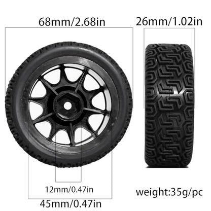 REDSPIDER 12mm Hex RC Wheels and Tires Nylon Wheel Rims OD68mm Rubber Tires Compatible with Tamiya TT01 TT02 XV01 HSP HPI Kyosho Traxxas WLtoys 1/10 1/12 On-Road Touring Car (Black) - color: Black