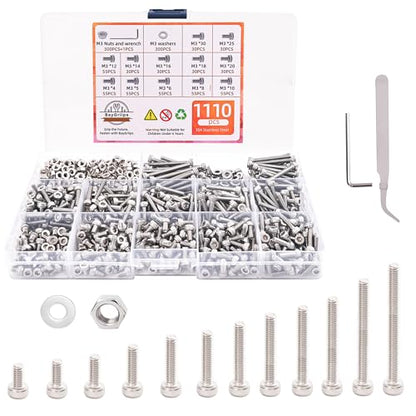 1110-Piece M3 Stainless Steel Socket Head Screw & Nut Kit – Hex Drive Cap Screws (4-30mm) with Allen Wrench & Curved Tweezer – Metric Machine Screw Assortment Set - size: 1110PCS Socket Head
