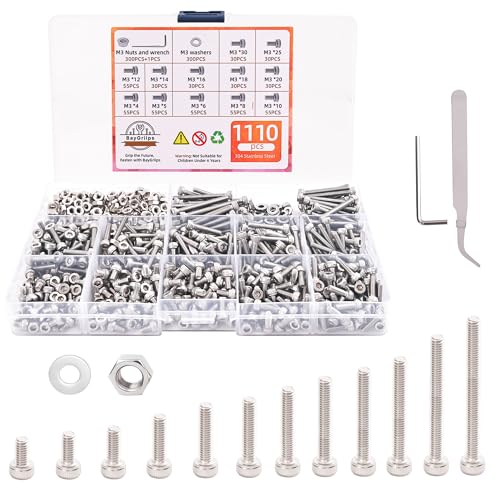 1110-Piece M3 Stainless Steel Socket Head Screw & Nut Kit – Hex Drive Cap Screws (4-30mm) with Allen Wrench & Curved Tweezer – Metric Machine Screw Assortment Set - size: 1110PCS Socket Head