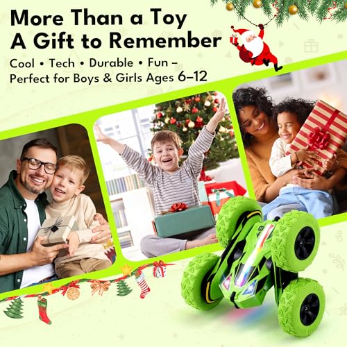 Threeking Remote Control Flip Stunt Car Double Sided Driving Crawler Toys | Quick-Swap Modular Battery Durable RC Cars with Auto Demo Breathing Soft Lights Gifts for Boys Girls Ages 6-12 - color: Green-up