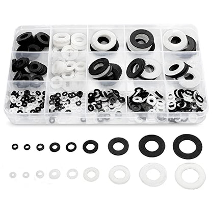 420 Pcs Black/White Nylon Flat Washers Assortment Kit | Suitable for M2 M2.5 M3 M4 M5 M6 M8 M10 M12 Screws and Bolt