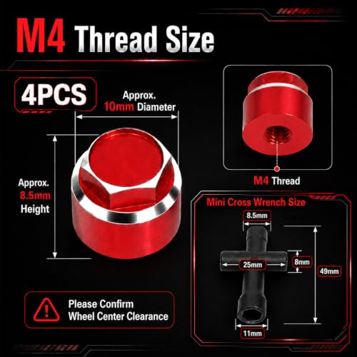 4PCS M4 RC Wheel Nuts, Dustproof Rim Center Cap Hub Nuts for 1/10 TRX4 | Aluminum Wheel Center Cap Nuts with Mini Cross Wrench for TRX4 TRX6 SCX10 SCX10 II D90 Redcat Tamiya HPI 1/10 RC Car, Red - color: Red