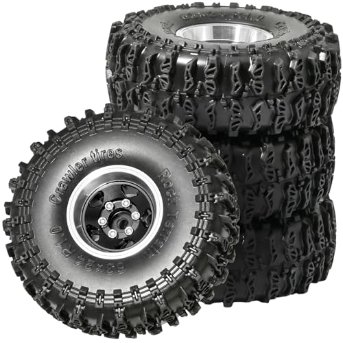 1.0 Beadlock Wheels and Tires Set 4PCS, All Terrain Soft Tires with CNC Aluminum Beadlock Wheels, Compatible with Traxxas TRX4M, Axial SCX24, FMS FCX24 FCX18, AX24, 1/18 1/24 RC Crawlers - color: Black