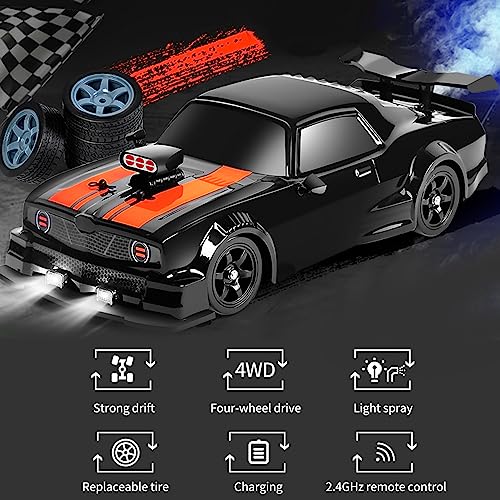 GoolRC Remote Control Drift Car, 1:16 Scale Fast and Furious Cars 18KM/H High Speed RC Cars 2.4GHz 4WD Remote Control Race Car LED Lights Spray Rubber Tire for Adults Teens Gift
