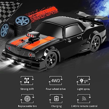 GoolRC Remote Control Drift Car, 1:16 Scale Fast and Furious Cars 18KM/H High Speed RC Cars 2.4GHz 4WD Remote Control Race Car LED Lights Spray Rubber Tire for Adults Teens Gift