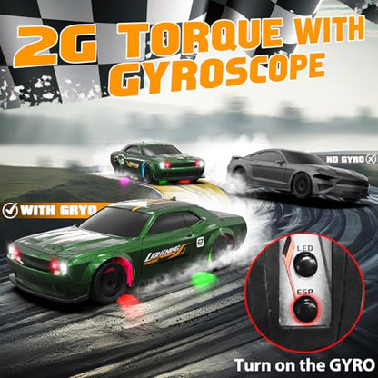 1/43 RC Drift Car, Mini Drifting RC Car with Gyro 2.4GHz Full Proportional Drift Cars 4WD RTR Remote Control Cars with Colorful Lights Gyroscope Fast Racing Vehicle Gift for Kids Boys Adults - color: Green