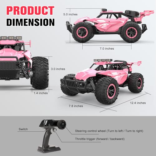kolegend Remote Control Car for Girls 50+min Monster Trucks 20km/h 1:12 Scale 13 Inch All Terrains RC Truck with Flashing Chassis Lights Gift Toys for Girls Kids Boys - color: Pink