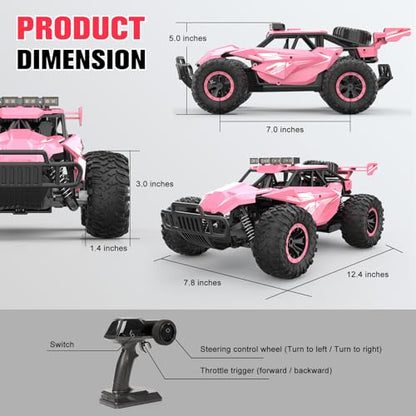 kolegend Remote Control Car for Girls 50+min Monster Trucks 20km/h 1:12 Scale 13 Inch All Terrains RC Truck with Flashing Chassis Lights Gift Toys for Girls Kids Boys - color: Pink