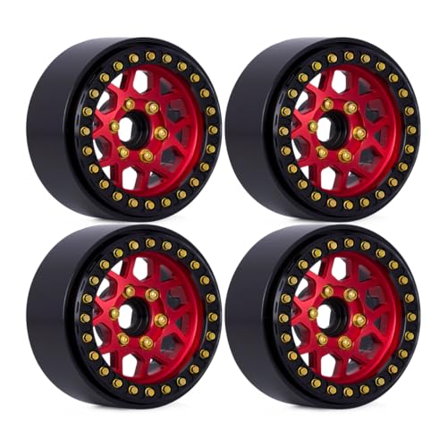4pcs CNC Aluminum 1.9 Beadlock Wheel Hub Rim for 1/10 RC Crawler Car SCX10 RC4WD D90 TRX4 Capra VS4-10 CC01 LCG Tires Upgrades (Red) - color: Red
