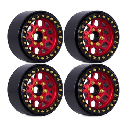 4pcs CNC Aluminum 1.9 Beadlock Wheel Hub Rim for 1/10 RC Crawler Car SCX10 RC4WD D90 TRX4 Capra VS4-10 CC01 LCG Tires Upgrades (Red) - color: Red