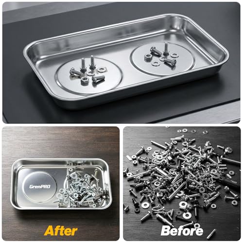 GRENPRO 4-Pack Magnetic Parts Tray Set, 2 Round 2 Square, Stainless Steel | Heavy-duty trays with extra strong magnet hold nuts, bolts, screws; anti-slip base, auto repair workshop storage - style: Square & Round (Stickers Included)