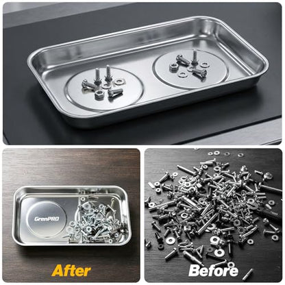 GRENPRO 4-Pack Magnetic Parts Tray Set, 2 Round 2 Square, Stainless Steel | Heavy-duty trays with extra strong magnet hold nuts, bolts, screws; anti-slip base, auto repair workshop storage - style: Square & Round (Stickers Included)