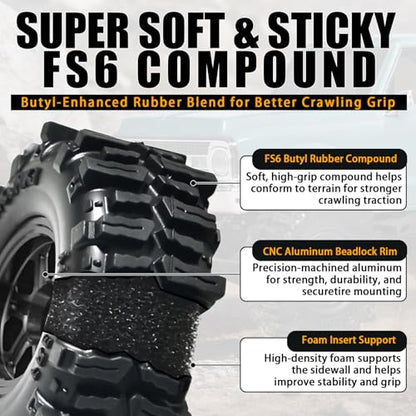 0.7” FS6 Super Soft Rubber Tires & CNC -1mm Offset Aluminum Beadlock Rims, 40×16mm Micro Crawler Wheels Tires Set for Axial SCX30 Redcat Ascent-32 1/30–1/32 RC Crawler, 4PCS Black - color: Black