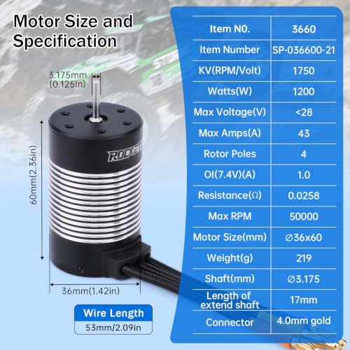 Surpass 3660 1750kv brushless Motor 4 Pole for 1/10 RC Car Big feet | high Torque Shaft 3.175mm Motor, IP67 Waterproof RC Car Motor - style: KK3660 Motor 1750KV