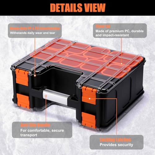 Double Side Tool Box, Multi-Function Storage Toolbox Organizer, 8 Movable Small Trays & Removable Dividers, Transparent Cover Plate, Toolbox For Hobby & Craft Use (15.16"L*12.8"W*6.3"H)