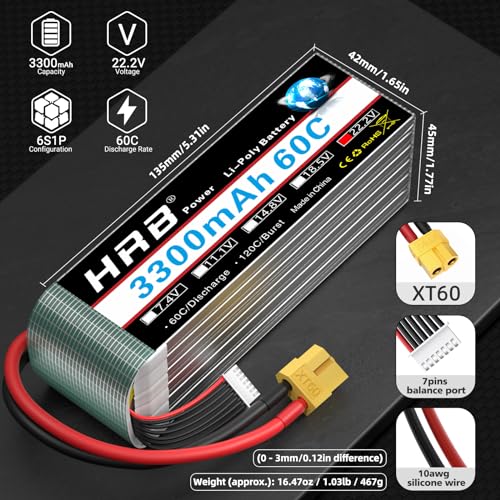 HRB 2PCS 6S 3300mAh Lipo Battery 22.2V 60C XT60 Compatible with RC Plane