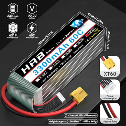 HRB 2PCS 6S 3300mAh Lipo Battery 22.2V 60C XT60 Compatible with RC Plane