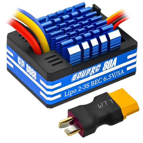 GOUPRC 80A 2S-3S LiPo Metal Brushed ESC Electronic Speed Controller T-plug/XT60 Plugs for 1/10 RC Car RC Boat for Use with 540/550/750 Motors - color: Blue