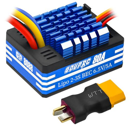 GOUPRC 80A 2S-3S LiPo Metal Brushed ESC Electronic Speed Controller T-plug/XT60 Plugs for 1/10 RC Car RC Boat for Use with 540/550/750 Motors - color: Blue