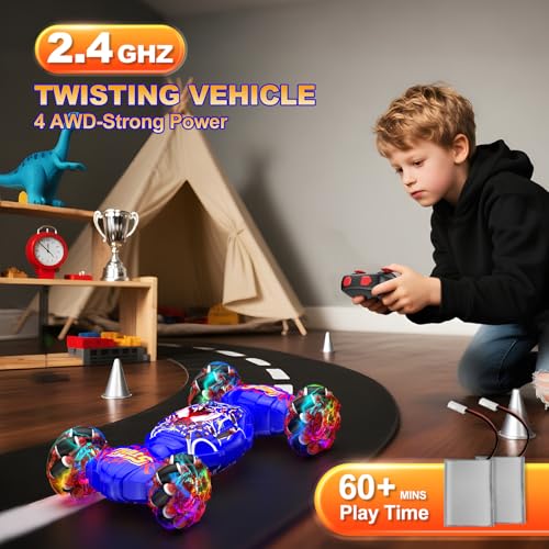 Remote Control Car, 4WD Transform Off-Road Gesture Sensing RC Stunt Car | 2.4GHz Hand Controlled Twist Car with Lights & Music, 360° Rotation, Birthday Gift Ideas for Kids Ages 6 7 8 9 10 11 12 - color: Blue