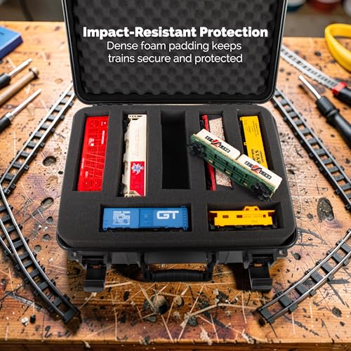 CASEMATIX HO Train Storage Box – Hard Shell Model Train Case with Dual-Layer Pluck Foam, Custom Model Train Storage for Locomotives, Cars & Accessories