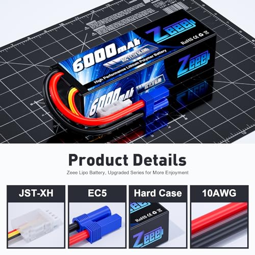 Zeee 3S Lipo Battery 6000mAh 11.1V 80C Hard Case RC Battery with EC5 Plug for RC 1/8 1/10 Scale Vehicles Car Trucks Boats