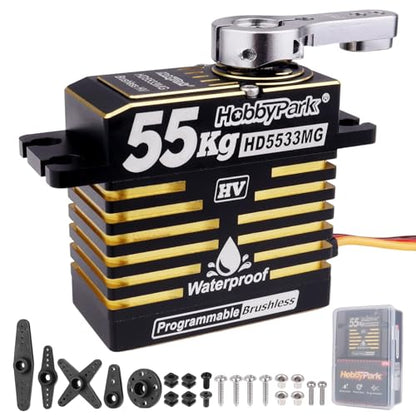 HobbyPark Waterproof 55KG High Torque Servo Motor Brushless Metal Gear Digital Servo Programmable 8.4V HV Servo for 1/8 1/10 1/12 RC Crawler RC Truck RC Car Buggy Robot DIY Control Angle 180°