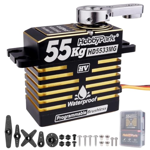 HobbyPark Waterproof 55KG High Torque Servo Motor Brushless Metal Gear Digital Servo Programmable 8.4V HV Servo for 1/8 1/10 1/12 RC Crawler RC Truck RC Car Buggy Robot DIY Control Angle 180°