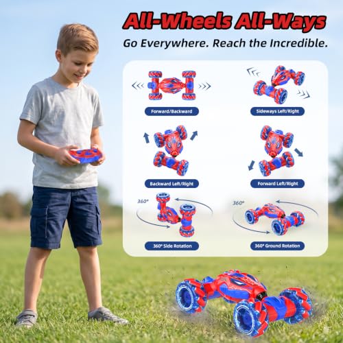 VisionX RC Stunt Car, 4WD 360° Rotating Gesture Sensing Remote Control | Outdoor Cars Toys for Ages 6-12, Double‑Sided with Lights, Music & Spray, 2 Replaceable Batteries - color: Red-spider