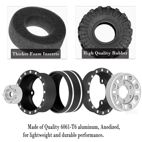 RC 1.0 Beadlock Wheels and Tires for 1/18 1/24 Trx4m SCX24 FMS FCX24 RC Crawler Car,Aluminum 4pcs RC Wheel Rim Soft Rubber Tires,RC Wheels 1.0,Silver - color: Silver (1.0 in Tires)