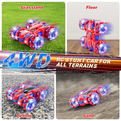 Spider Remote Control Car Headlight Double Sided Off-Road 360° Rotating Car | 2.4Ghz Rechargeable RC Stunt Car 4WD RC Drift Stunt Car for Boys Indoor Outdoor Toys 4-6 5-7 8-13 - color: Single Control Red