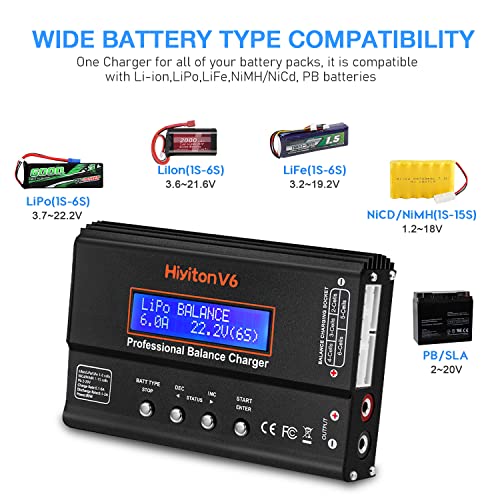 Lipo Battery Charger, 1S-6S Balanced Charger Discharger, 1-6S Lipo Li-ion NiMH NiCD Li-Fe Battery with Tamiya XT60 Deans Futaba Connector - color: black