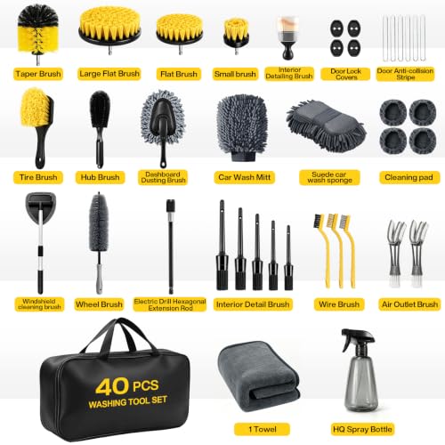 40 Pcs Car Detailing Kit Interior, Tote Includes Premium Drill Brush | Windshield Cleaning Tool Interior,Detailing Brushes Tire Brush Towels and Wheel Car Wash Kit for Cars, Trucks and Motorcycles - size: 40Pcs