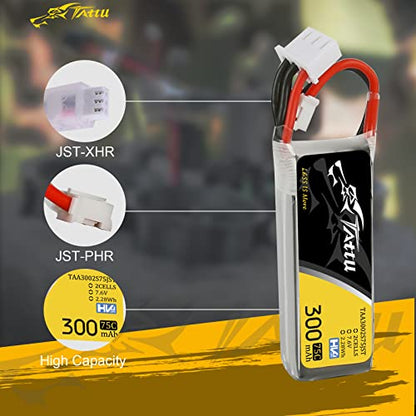 TATTU 2S Lipo Battery 300mAh 7.6V 75C 2S1P Lipo Battery Pack with JST-PHR Plug