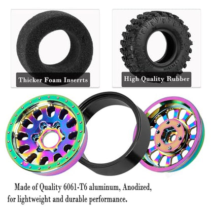 Rc 1.3 Beadlock Wheel Tires/Wheel Rims for 1/24 1/18 SCX24 TRX4M RC Crawler Car,Aluminum 1.3 Beadlock Wheels and Tires,Rc Tires with Foam Inserts,Rainbow(4PCS) - color: Rainbow - (Rc Wheels Tires)