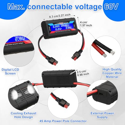 Yunsailing 2 Pcs High Precision Watt Meter Power Analyzer Battery Consumption Performance Monitor Power Monitor with Backlight Digital LCD Screen (200a/60v)