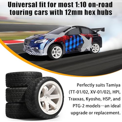 OD 2.65" On Road Rubber Tires Plastic Wheel Rims 12mm Hex for 1/10 RC Car | Compatible with MJX HSP Tamiya HPI Kyosho Traxxas Sakura Redcat WLtoys 1/10 RC On-Road Racing Touring Car (4pcs, White) - style: D-White