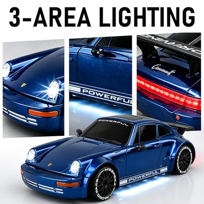 1:20 RC Drift Car, 2.4GHz 4WD 360° Fixed Point Drift for Boys | 50 min playtime with 2 batteries, 2 tire sets (drift & off-road), 3 LED lights, great gift for kids 6-12 - color: Deep Blue
