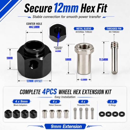 4PCS 12mm Hex Hub 9mm Offset Wheel Hex Extension for Traxxas TRX4 TRX6 1/10 | CNC Metal Wheel Spacer for RC Crawlers Helps Increase Track Width and Side-Hill Stability Reduce Vibration Add Tire Clearance - color: black