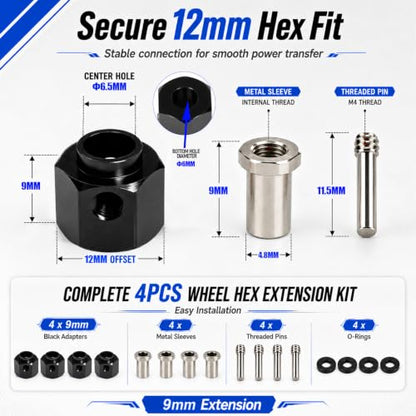 4PCS 12mm Hex Hub 9mm Offset Wheel Hex Extension for Traxxas TRX4 TRX6 1/10 | CNC Metal Wheel Spacer for RC Crawlers Helps Increase Track Width and Side-Hill Stability Reduce Vibration Add Tire Clearance - color: black