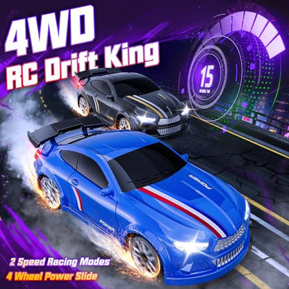 Mini RC Car 1:64 Scale, Remote Control Desktop Car for Kids & Adults | 2.4GHz RC Drift Car with LED Lights & 2 Speeds, Includes 4 Obstacles & Track Mat, Hobby Gift for Boys, Blue - color: Blue
