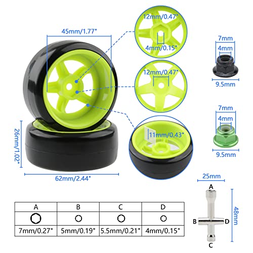 1/10 RC Drift Tires & Wheels, Fluorescent Green | Hard Plastic Drift Tires, 12mm Hex Rims, For HSP Redcat HPI Tamiya MST, Includes 8 Lock Nuts & Tool - color: Green