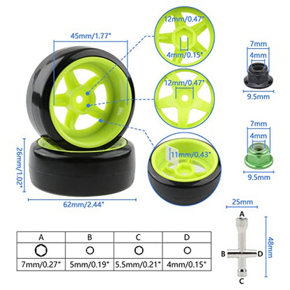 1/10 RC Drift Tires & Wheels, Fluorescent Green | Hard Plastic Drift Tires, 12mm Hex Rims, For HSP Redcat HPI Tamiya MST, Includes 8 Lock Nuts & Tool - color: Green