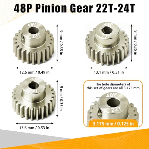 3PCS 48P Pinion Gear Set 7075 Aluminum Alloy 3.175mm Shaft 22T 23T 24T with Screws & Hex for 1/10 RC Arrma Traxxas HPI Sakura Losi Axial SCX10 Tamiya Monster Truck Buggy Motor Gears Upgrade - size: 22 23 24T