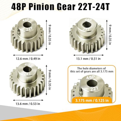 3PCS 48P Pinion Gear Set 7075 Aluminum Alloy 3.175mm Shaft 22T 23T 24T with Screws & Hex for 1/10 RC Arrma Traxxas HPI Sakura Losi Axial SCX10 Tamiya Monster Truck Buggy Motor Gears Upgrade - size: 22 23 24T