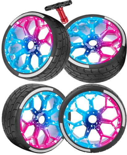 RC Highway Tires Wheel for 1/8 Typhon 6s BLX,1/7 Infraction 6S BLX,Limitless,4PCS RC Drift Tires Rubber RC Highway Wheel,Blue Pink - color: Blue Pink - (Highway Tires)