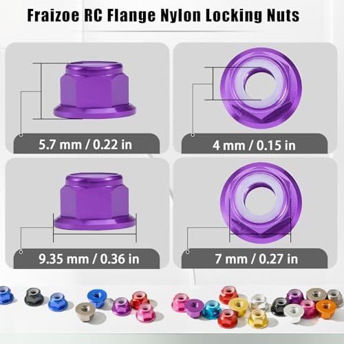 12Pcs M4 Flange Nuts Aluminum, M4-0.7mm Hex Flange Nylon Insert Lock Nuts for 1/10 Scale RC Car Traxxas Slash 4x4 2WD Stampede VXL Rustler VXL HPI Redcat Axial Racing Truck Buggy Crawler Wheels Purple - color: Purple, size: 12Pcs